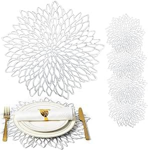 PECZEKO 4er Set Rund PVC Platzset Abwaschbar Platzsets Tischsets Rund, rutschfest Platzteller, Ideal für Weihnacht Hochzeit Küche Party, Hitzebeständige 38cm Platzdeckchen Abwaschbar, Silber