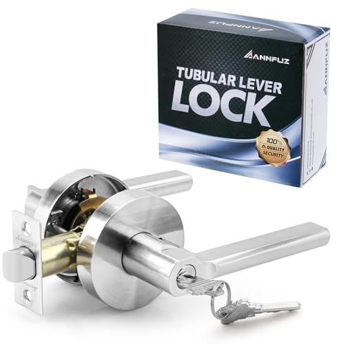 ANNFUZ Round Heavy Duty Entry Door Lever Handle Lock With Key for Office/Front Door,Entrance Interior Exterior Door Knob Hardware,Lockable,Not Keyed Alike,Reversible for Left/Right Side,Brushed Nickel | No-Key-Alike,Reversible Door Lever for Interior & Exterior Doors for Office/Bedroom,Lockable,Universal Left/Right Handed Door