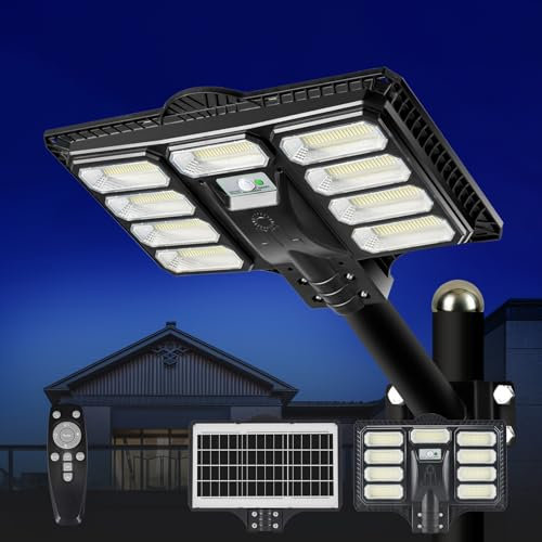 HYPOW 500W Réverbère Lampadaire Solaire Extérieur avec Télécommande, Lampe Solaire Exterieur Puissante Étanche IP65, 6500k Projecteur Solaire Exterieur Pour Rue, Cour et Parking