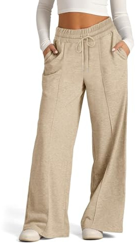 EIRUKON Pantalon Chandal Mujer Anchos Pantalon Deporte de Jogger Pantalones Elásticos de Cintura Alta con Cordón y Bolsillos Suaves Ligeros Pantalón,Caqui,S