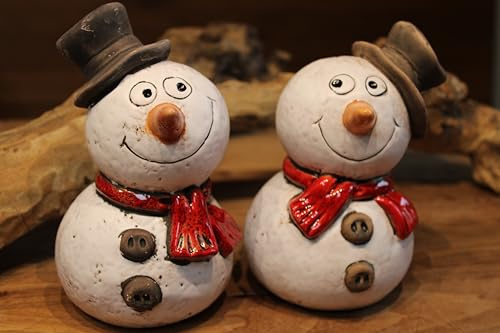 Holzwurm Zauberhaftes Schneemann-Paar aus Keramik, 18 cm hoch, mit Hut und Schal