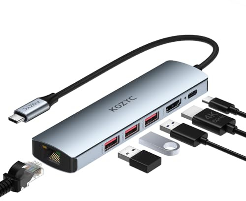 KOZYC - Hub USB C Ethernet, concentrador USB C 6 en 1 con 10 Gbps, HDMI 4K 60Hz, Ethernet de 1 Gbps, 3 USB-A 3.2, 100 W PD compatible con MacBook Air/Pro, XPS13/15, Dell