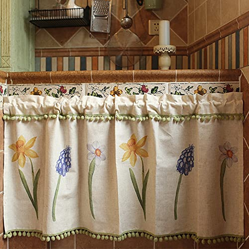 A.Monamour Rideau de Cuisine Court pour Petit Fenêtre Motif Jonquilles en Lin avec Pompon Rustique Maison de Campagne Rideau Brise-bise Rideaux à Disques Panneaux de Rideaux Cantonnières Demi Rideau