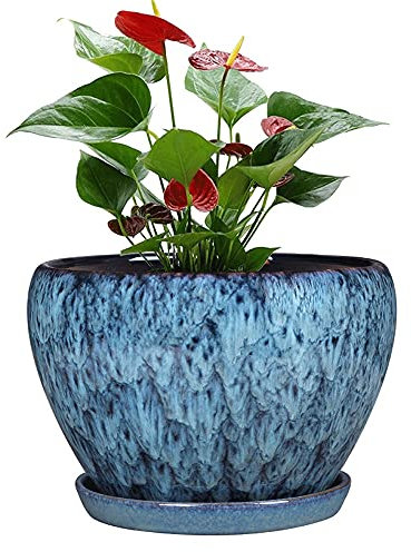 Extra Großer Monstera-Blumentopf Aus Keramik, Blumentopf Mit Blauer Steinmaserung, Schlichter, Klassischer Topfpflanze Im Chinesischen Stil Mit Tablett, Große Grüne Blumentöpfe Aus Keramik Für Den Sc
