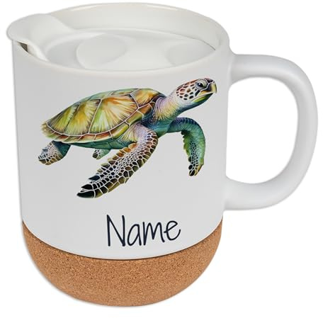 GRAZDesign Personalisierter Kaffeebecher mit Namen – Keramik Becher 330ml Schildkröte mit Korkboden und Deckel, Geschenk für Kinder und Erwachsene