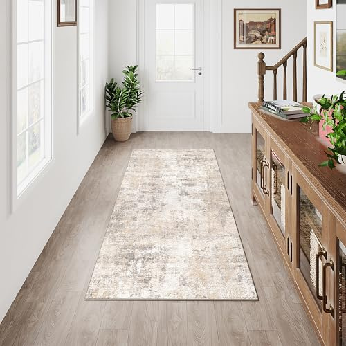 HUGEAR Beige Gris Tapis Couloir 60x180cm Lavable en Machine Antidérapant Moderne Naturel Abstrait Long Carpet Cuisine Chambre Bureau Descente de Lit Interieur Doux Poil Ras Rug
