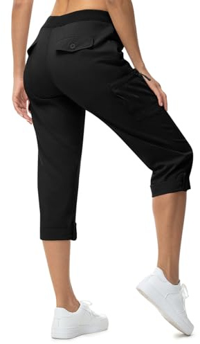 Rdruko 3/4 Hose Damen Cargohose Sommerhose Leicht Caprihose Wanderhose Sommer Trekkinghose Outdoorhose Mit 6 Taschen-Schwarz L