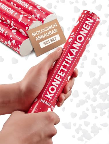 Partyjoker 10 Konfettikanonen Herzen Weiß für Hochzeit - aus Biologisch Abbaubarem FSC Konfetti – Einfach und Sicher - 5-8 Meter Konfettistrahl - White
