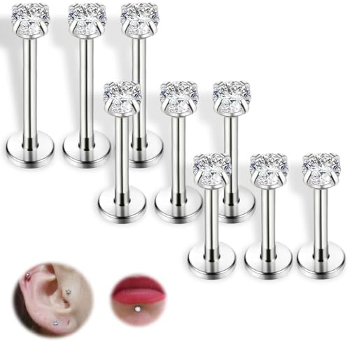 COYUN Lot de 9 bijoux pour piercing: helix, lèvre, tragus, oreille, nez, brillant, papillon, classique, pour femme et homme, titane, acier chirurgical, implant Grade