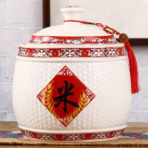 WJFTODAY Olla arrocera China sellada de Gran Capacidad, Cubo de arroz de cerámica con disde arroz, Cubo de Almacenamiento hermético para Granos, bocadillos, Dulces, Granos de café, Alimentos (A, Capa