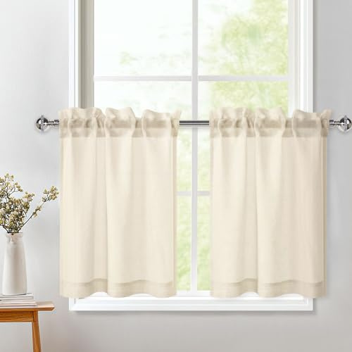 DWCN Beige Kitchen Curtains 24 Drop, Rod Pocket Voile Curtain Net Small Cafe Curtains, Light Filtering Short Curtain for Bathroom Wardrobe Nursery Window Treatment, W26 x L24 Inch, 2 Panel