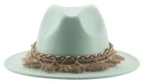 WUFANGBU Fedora Trilby Filzhut Hut Hut Mit Breiter Krempe Rundes Top Jazzhut Gürtel Festlicher Party-Performance-Hut M(56-58Cm) Flachgrün