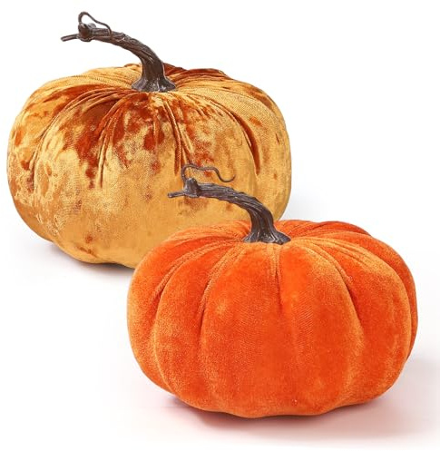 Coferset 2pcs Large Velvet Pumpkins Decor Set,Artificial Fall Pumpkin Decor for Halloween Thanksgiving Harvest Table Centerpieces(Orange&Gold)