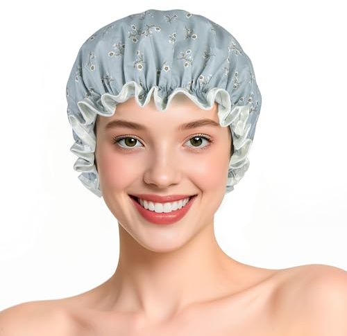 Double Layer Waterproof Shower Cap With Elastic Band, Reusable Bath Cap for Women -Large Waterproof Plastic Shower Hat for Long, Short and Curly Hairs Spa Salon (Blue-Little Flower)