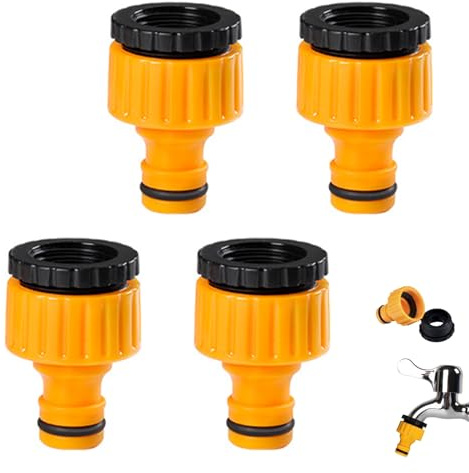 4 Pcs Garden Hose Tap Connector, BSP Threaded Faucet Adapter Plastic, 3/4 Inch & 1/2 Inch for Outdoor Use, Male Threaded Hose Connector, Quick Connect System for Garden Hoses, with O-Rings & Washers