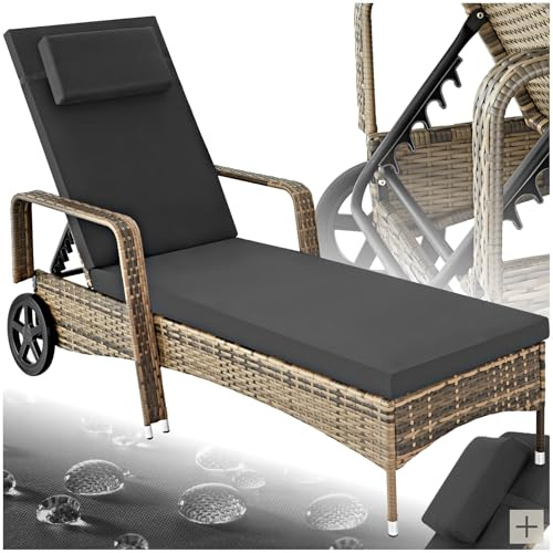 tectake® Lettino Poly Rattan Arredo Esterno Giardino, Sdraio Prendisole, Sdraio da Giardino, Terrazzo, Balcone, Sdraio piscina, Ruote Gommate, Arredo Interno Divano Sedia - Naturale/Grigio Scuro