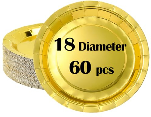 LANSKYLAN 60 Stück Einwegteller aus Pappe Ø18 cm Goldene Pappteller rund Partyteller Gold 7'' Teller Gold Kindergeburtstag Pappteller Hochzeit Einwegteller Papierteller Plates für Partys Feiern Feste