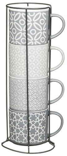 New Jumbo Embossed Stacking Mugs Set of 4 with Storage Rack – Large Tea & Coffee Mugs, Stylish Matching Designs, Space-Saving Stackable Mug Holder A-18