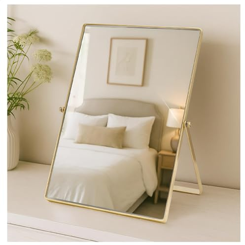 JF HOME BLISS Makeup Table Mirror Portable Single-Sided Swivel Tabletop Mirror for Vanity Dresser Living Room Bedroom Office (Rectangular Gold)
