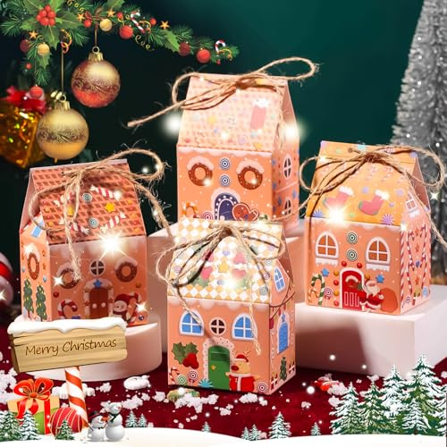 Adventskalender zum Befüllen, 24 DIY Lebkuchen Häuser Adventskalender, zum Weihnachten Geschenke Machen, Kleine Häuschen Deko mit Faltschachteln, Jute-Schnur, Weihnachtsdekoration