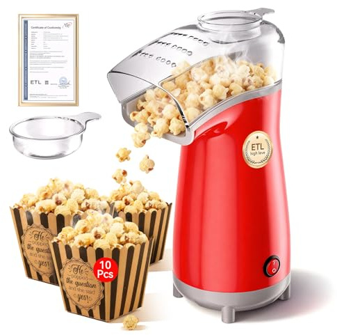5.0Health Upgrade - Popcorn Machine,Butter Melter.3-Minute Quick Po Pcorn Popcorn maker,Oil-Free And EasyTo Clean. Air Popcorn Machine - Perfect For Family Movie Nights And Kids' Parties, Bright red