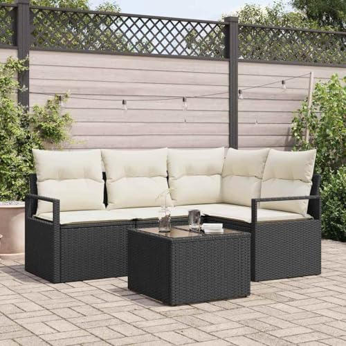 QJBSAVVA 5-TLG Rattan Lounge-Set Schwarz, modulierbar, 219×87×55 cm, Balkon Terrasse