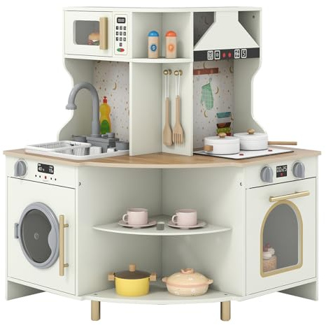GYMAX Set da Cucina in Legno ad Angolo per Bambini, Cucina Giocattolo con Rubinetto Rotante, Microonde, Forno e Cappa Aspirante, Set Giochi con Suoni e Luci Realistici per Bambini 3+ Anni