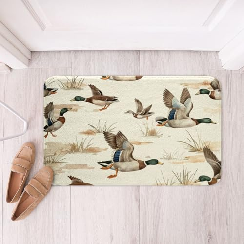 jejeloiu Vintage Mallard Duck Bathroom Rugs Hunting Fishing Theme Bath Mats Reed Bathroom Accessories Wild Animal Floor Doormats 16x24 Soft Microfiber