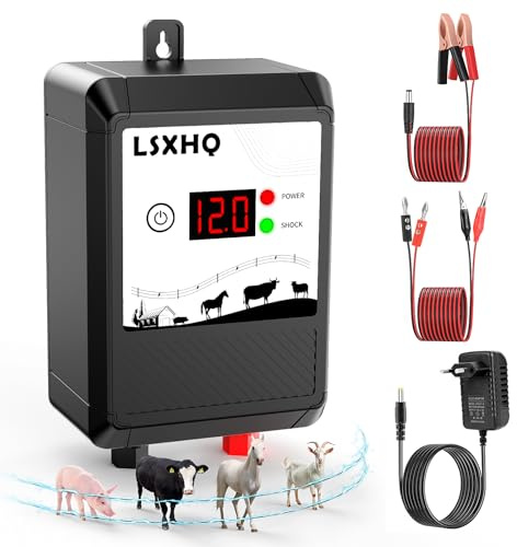 10KM Weidezaungerät für Vieh und Tiere, 12 kV Elektrozaungerät mit LED Anzeige, 2 Joule Elektrischer Weidezaun, Schutz für Pferde, Schafe, Hunde, Garten, Weiden und Bauernhof (Schwarz)