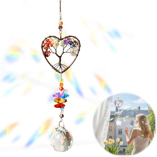 Crystal Tears Chakra Crystal Tree of Life Hanging Ornament Sun Catchers for Windows Handmade Heart Healing Crystal Suncatcher Colourful Clear Gemstone Chakra Gifts for Garden Home