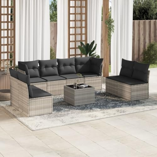 Owoxanthellate Set di 9 mobili da giardino grigio chiaro, 110 x 62 x 69 cm, in polyrattan, divano ad angolo, con tavolo in vetro e cassapanca resistente alle intemperie, per terrazze, balconi