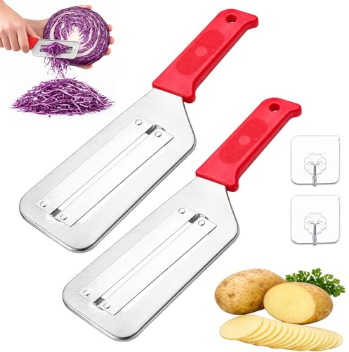 Cabbage Shredder for Coleslaw, Stainless Steel Shredder Knife, Double-Layer Slicer, Efficient Vegetable Peeler Julienne for Salad Stir Fry and Vegetable Meal Prep (Red-2pc)