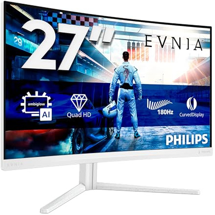 Philips Evnia 27M2C5591 27 inch WQHD Gaming Monitor Curved, 180Hz, Fast VA Panel, 1ms GtG, HDR10, FreeSync Premium, Height Adjustment, (2560x1440 HDMI 2x 2.0 DP 1x 1.4) White
