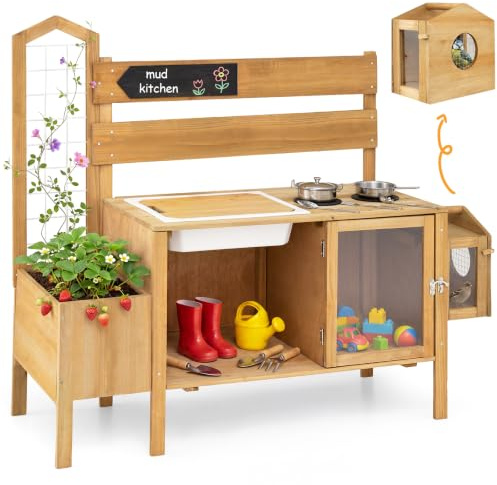 COSTWAY Mud Kitchen, Outdoor Kids Play Kitchen | Wooden Chef Pretend Kitchen Playset with Detachable Bird Cage, Trellis, Planter Box, Sink, Stoves & 6 Accessories for Ages 3+