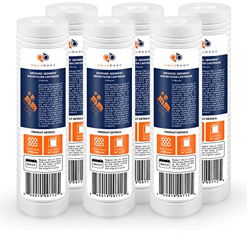 Aquaboon 5 Micron 10 x 2.5 Grooved Sediment Water Filter Replacement for Whole House Filter Cartridge Compatible with AP110, WHKF-GD05, CFS110, 6-Pack