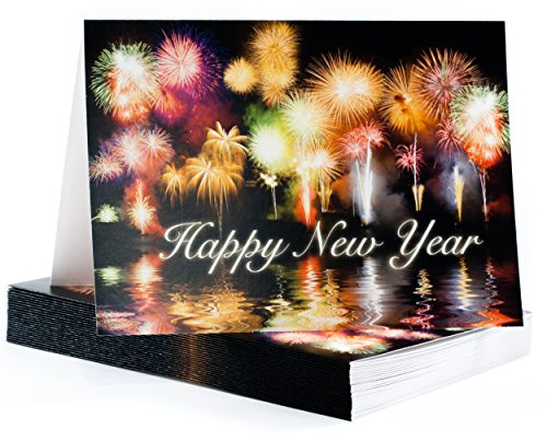 New Years Cards with Happy New Years Text - Appropriate for Personal or Business Use - Box Set of 25 Cards Includes 26 Premium Gold Foil Lined Envelopes – S02-01