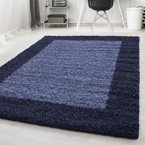 Carpetsale24 Hochflor Teppich Shaggy mit Bordüre 100x200 cm Marineblau, 2-farbig, flauschig & weich, modernes Design, rechteckig, ideal für Schlafzimmer oder Flur