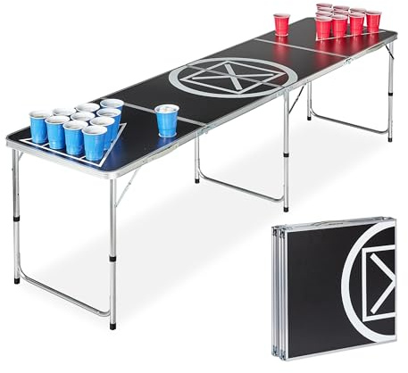 Relaxdays Beer Pong klappbar Trinkspiel Audi Tisch Design für Erwachsene, weiß/schwarz, HWD: 70 x 241.5 x 60 cm
