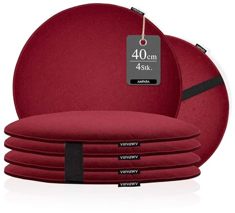 4er Set - Edle Stuhlkissen rund 40cm - rutschfest - Sitzkissen Filz, rot | mit Klettverschluss, Stuhlauflage - auch für Bank
