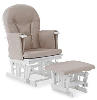 Obaby Reclining Glider Chair with Matching Stool, White & Sand Comfortable Nursery Feeding and Rocking Chair for Baby Room Relaxation