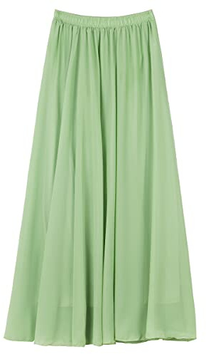 CAMILIFE Jupe Longue en Mousseline de Soie pour Femme Jupe Maxi Longueur de Jupe 100cm Taille XS-M Uni Feuille de Palmier Vert