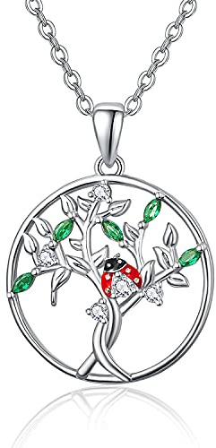 KINGWHYTE Collier arbre de vie pour femme en argent sterling S925 avec pendentif en forme de coccinelle - Bijoux pour épouse, maman et petite amie