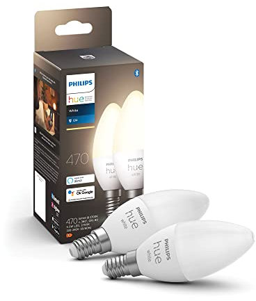 Philips Hue White E14 LED Lampen in Kerzenform 2er Pack (470 lm), dimmbare LED Leuchtmittel für das Hue Lichtsystem mit warmweißem Licht, smarte Lichtsteuerung über Sprache und App