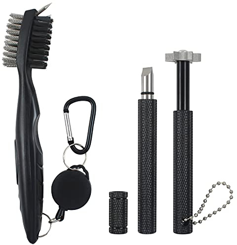 VIPMOON Set di Attrezzi per la Pulizia del Golf, Spazzola Retrattile per Mazze da Golf e 2 affilatrici per scanalature a U e V, Kit Portatile per Tutti i Ferri da Golf da Uomo (Nero)