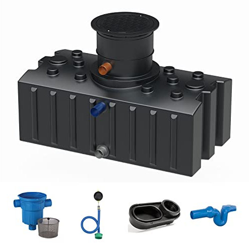 Retentionstank Retentionszisterne flach 2000 Liter Komfort mit Retentionsfilter, Schwimmdrossel 1 Zoll, Überlaufsiphon mit Skimmer und beruhigtem Zulauf für die Retention von Regenwasser