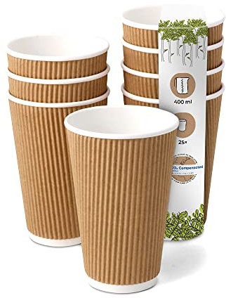 BIOZOYG 25x gobelets jetables isothermes 400 ml / 16 oz, Ø 90 mm blanc/brun - gobelet carton à double couche et sans plastique et - gobelet cafe