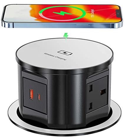 Pop Up Socket for Kitchen Worktops with Wireless Charging 15W, Recessed Power Socket with USB C, 4 UK Plug Socket, Pop up Power Socket, 13A/3250W, Black