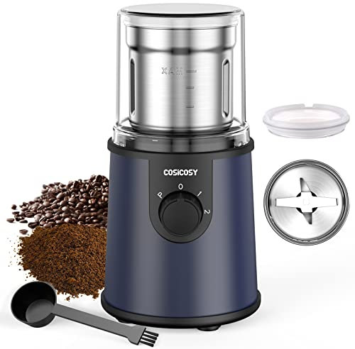Coffee Grinder Electric, COSICOSY Electric Spice Grinder with 304 Stainless Steel Blades Removable Bowls,350W Motor Coffee Bean Machine with Spoon Brush for Coffee Beans, Nuts, Pepper, Navy Blue