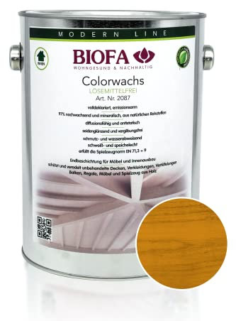 BIOFA Colorwachs lösemittelfrei farbig natürliche Holz-Wachs-Lasur mit Carnaubawachs für Holzdecken, Möbel, Spielzeug Mais 2,5L