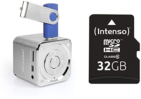 MusicMan Mini Soundstation (MP3 Player, Stereo Lautsprecher, Line In Funktion, SD/microSD Kartenslot) Silber & Intenso microSDHC 32GB Class 10 Speicherkarte inkl. SD-Adapter, schwarz